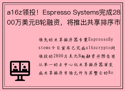 a16z领投！Espresso Systems完成2800万美元B轮融资，将推出共享排序市场 